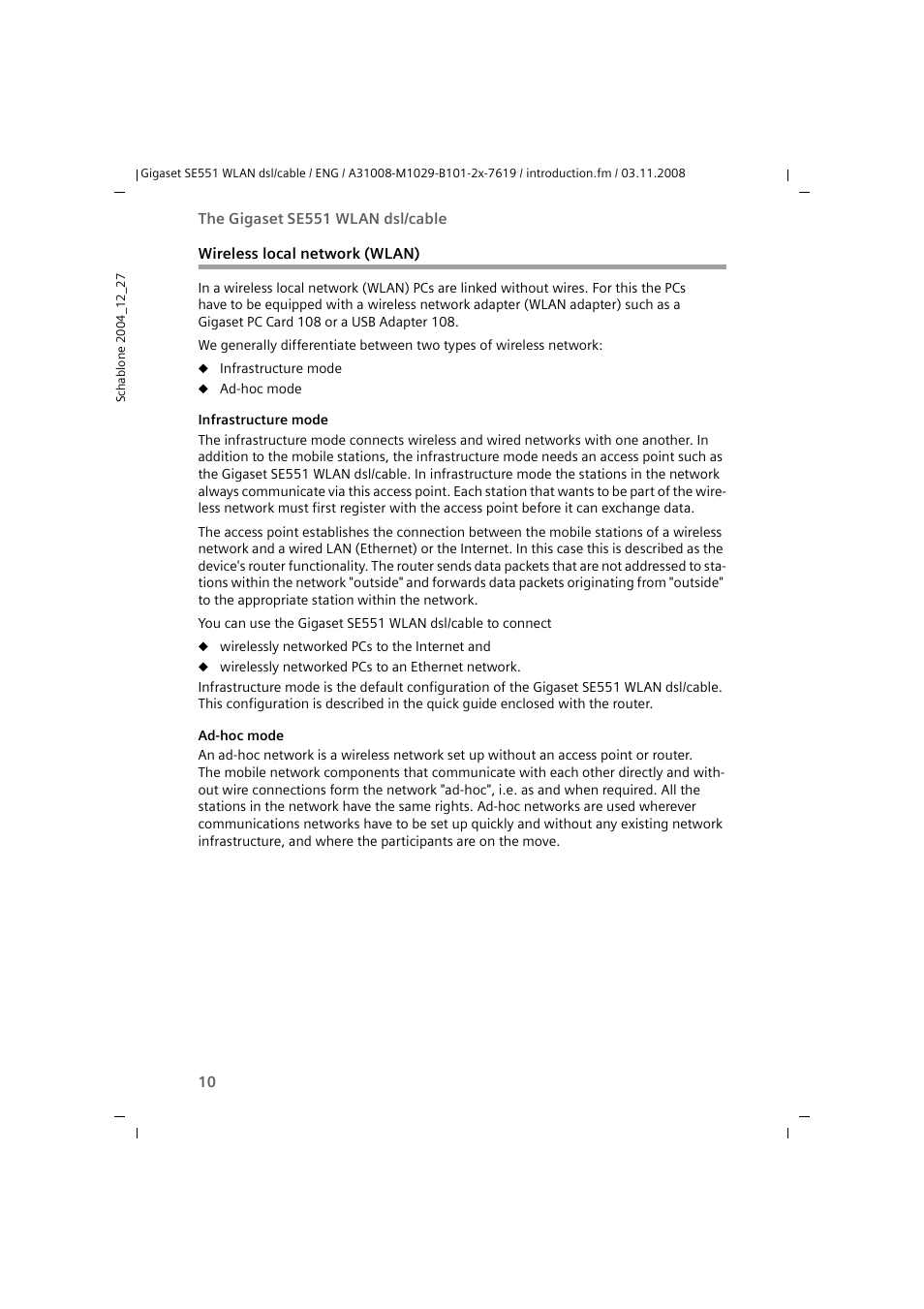 Wireless local network (wlan) | Siemens Simens Gigaset WLAN dsl/cable SE551 User Manual | Page 10 / 148