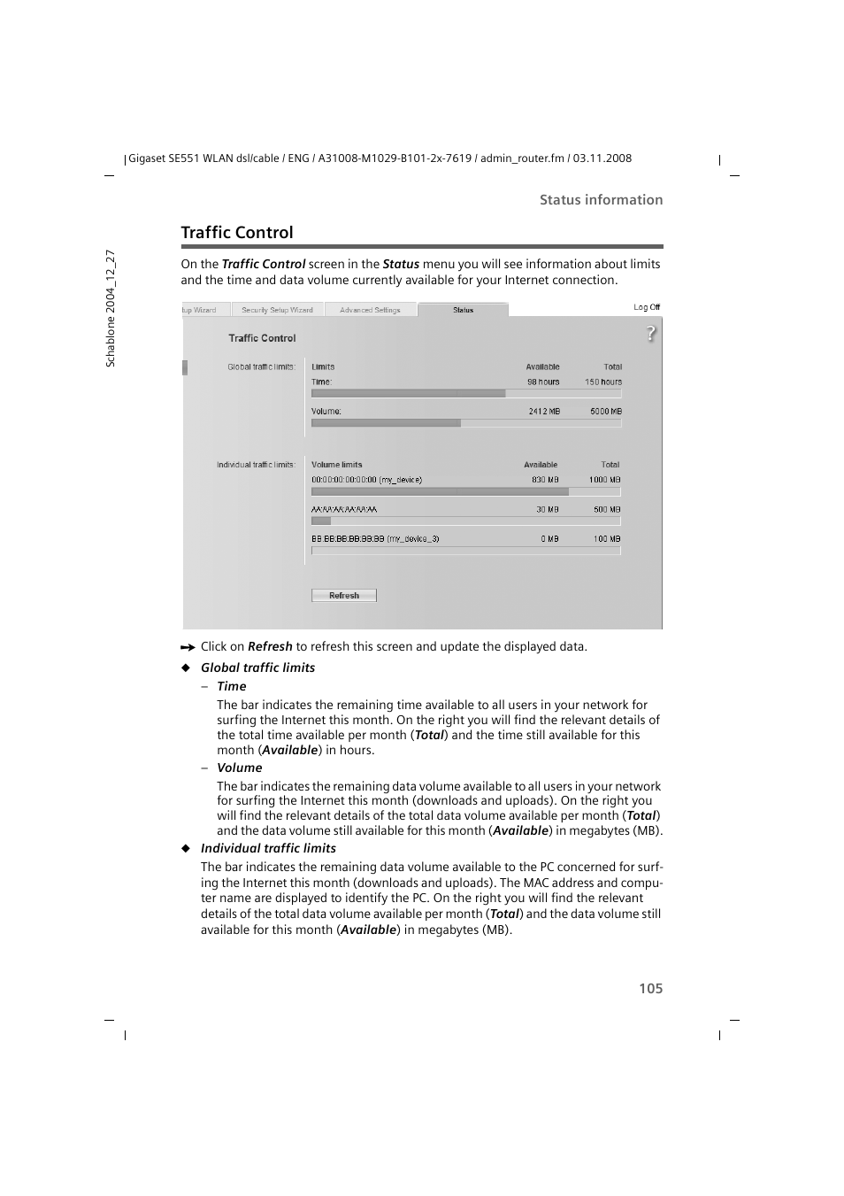 Traffic control | Siemens Simens Gigaset WLAN dsl/cable SE551 User Manual | Page 105 / 148