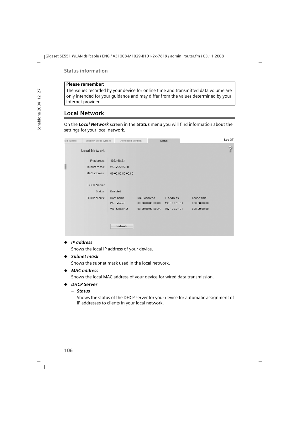 Local network | Siemens Simens Gigaset WLAN dsl/cable SE551 User Manual | Page 106 / 148