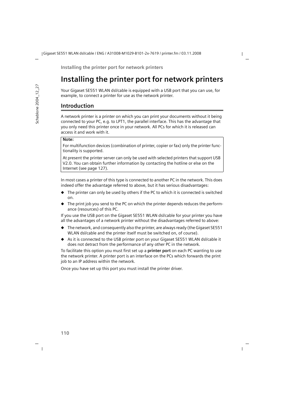 Installing the printer port for network printers, Introduction | Siemens Simens Gigaset WLAN dsl/cable SE551 User Manual | Page 110 / 148