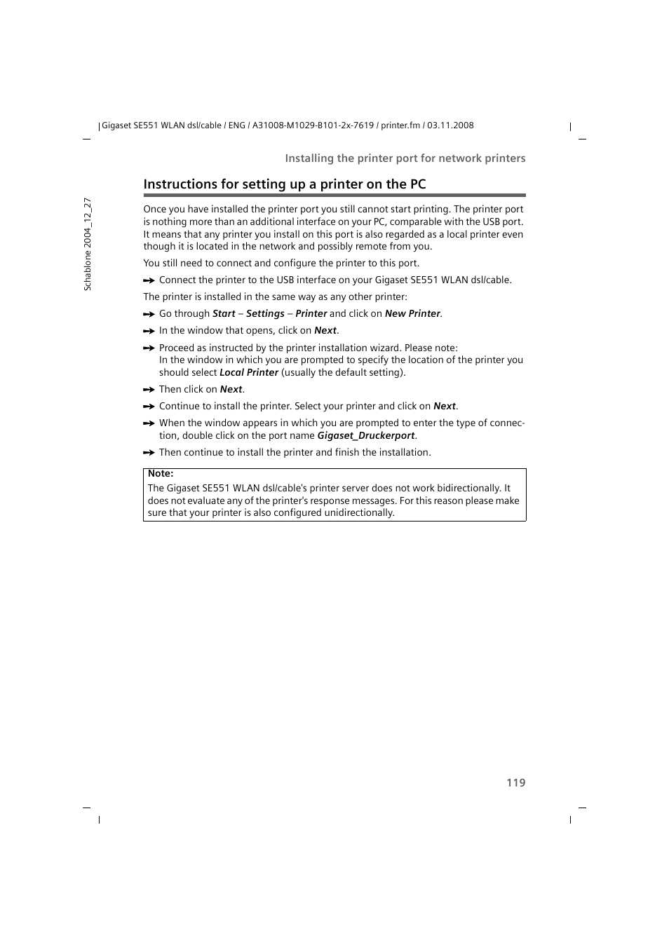 Instructions for setting up a printer on the pc | Siemens Simens Gigaset WLAN dsl/cable SE551 User Manual | Page 119 / 148