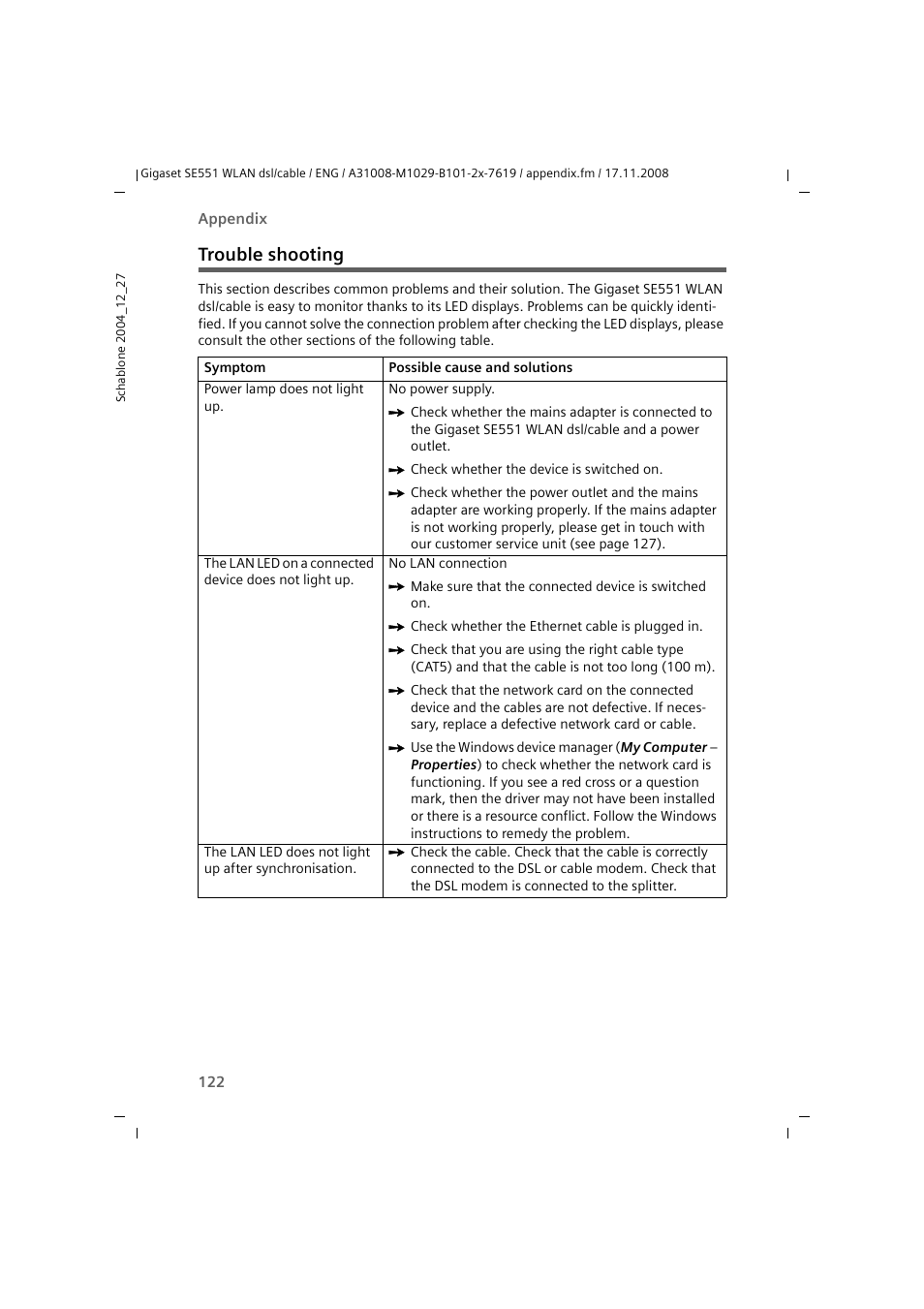 Trouble shooting | Siemens Simens Gigaset WLAN dsl/cable SE551 User Manual | Page 122 / 148