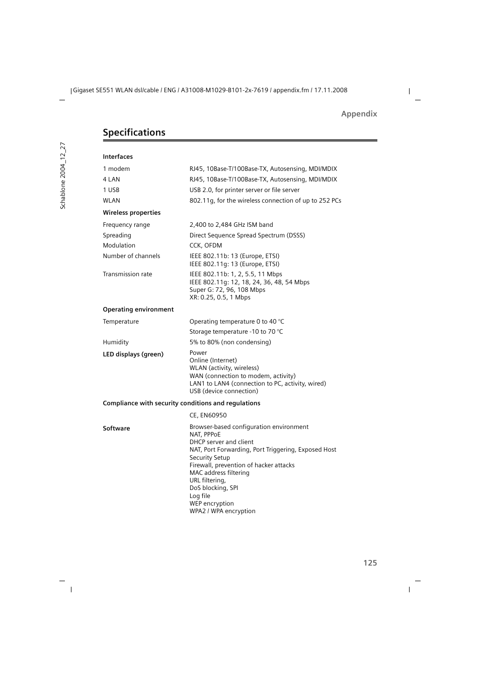 Specifications | Siemens Simens Gigaset WLAN dsl/cable SE551 User Manual | Page 125 / 148