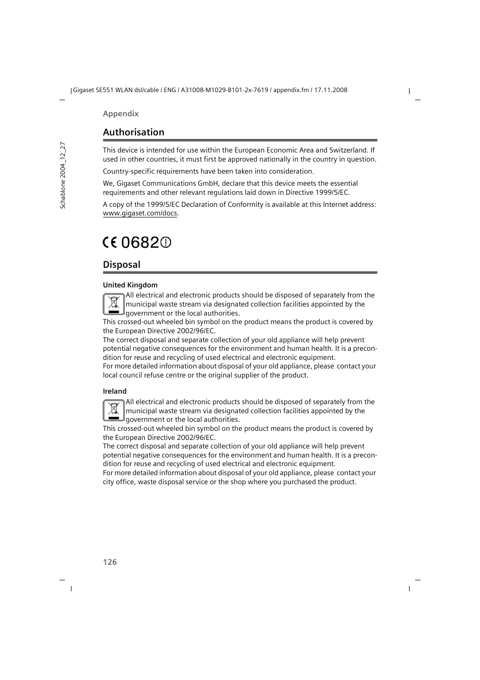 Authorisation, Disposal, Authorisation disposal | Siemens Simens Gigaset WLAN dsl/cable SE551 User Manual | Page 126 / 148