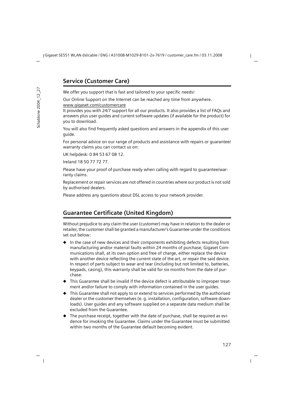 Service (customer care), Guarantee certificate (united kingdom) | Siemens Simens Gigaset WLAN dsl/cable SE551 User Manual | Page 127 / 148