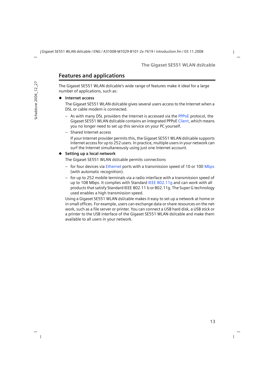 Features and applications | Siemens Simens Gigaset WLAN dsl/cable SE551 User Manual | Page 13 / 148