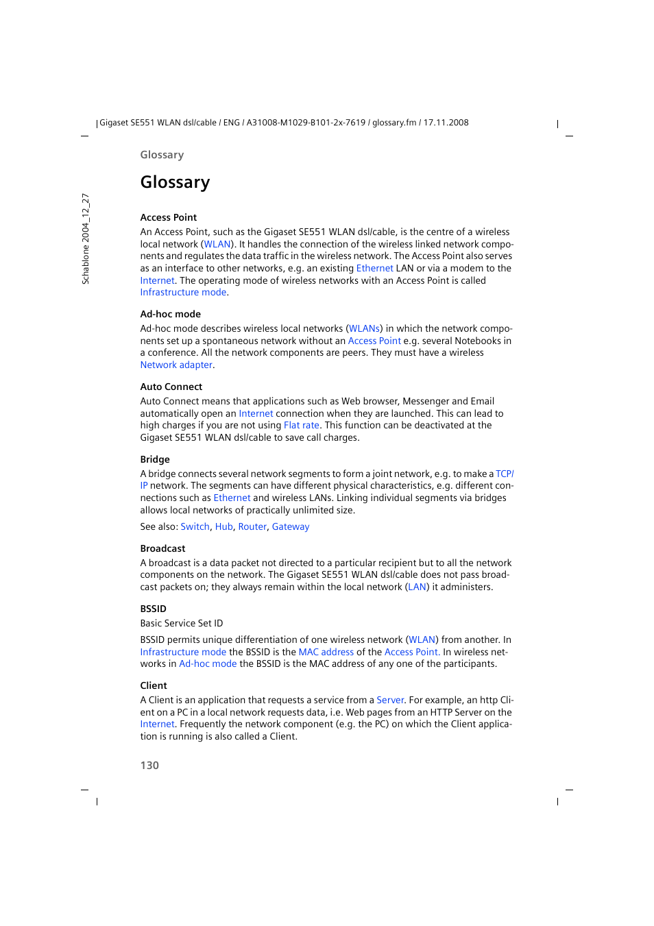 Glossary, Client, Auto connect | Siemens Simens Gigaset WLAN dsl/cable SE551 User Manual | Page 130 / 148