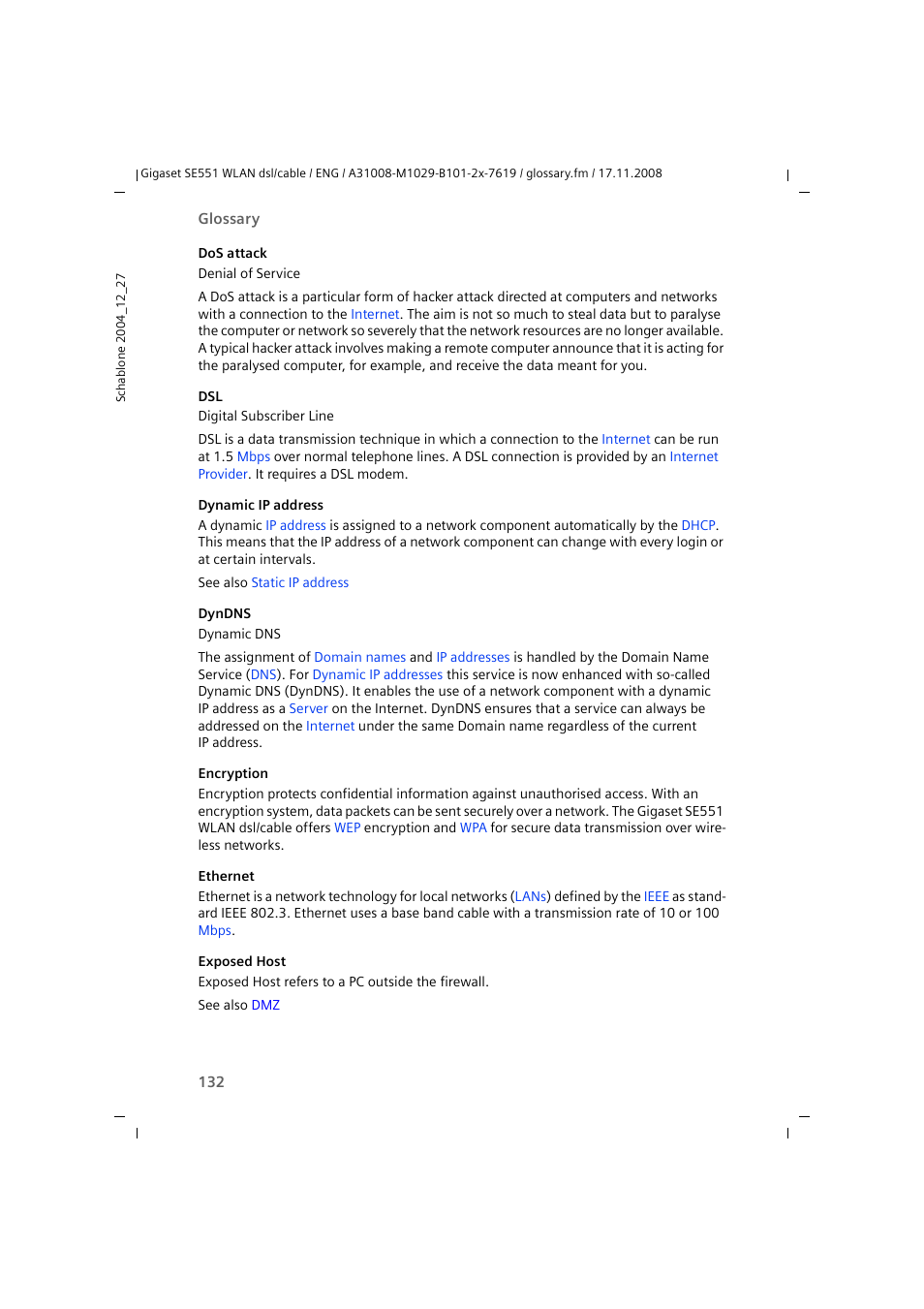 Ethernet, Exposed host, Encryption | On t, Dyndns, Dynamic ip addresses | Siemens Simens Gigaset WLAN dsl/cable SE551 User Manual | Page 132 / 148