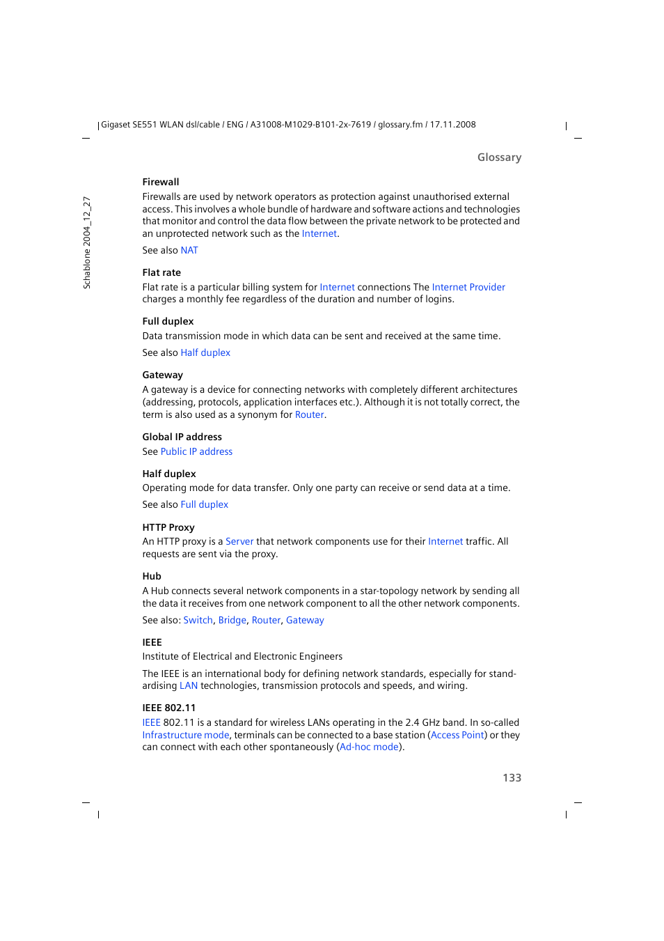 Ieee 802.11g, Firewall, Half duplex | Full duplex, Depending on the per, Flat rate, Gateway, Ieee | Siemens Simens Gigaset WLAN dsl/cable SE551 User Manual | Page 133 / 148