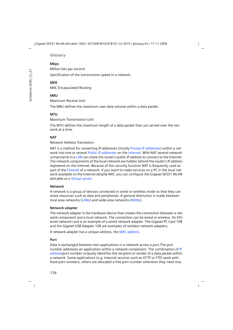 Mbps, Network adapter, Is connec | Port, Network adapters | Siemens Simens Gigaset WLAN dsl/cable SE551 User Manual | Page 136 / 148