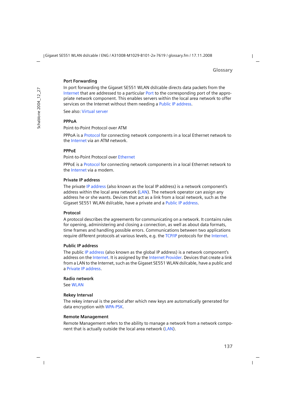 Pppoe, Public ip, Address | Radio network, Rekey interval, Ge the, Private ip address, Port forwarding, Public ip address, Rekey | Siemens Simens Gigaset WLAN dsl/cable SE551 User Manual | Page 137 / 148