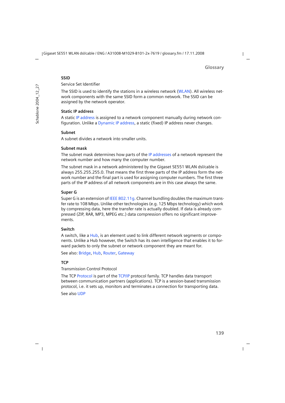 Ssid, Switch, D as | Can log, See p, Nnel bundling, the, Super g, Transmis, Static ip address, Subnet mask | Siemens Simens Gigaset WLAN dsl/cable SE551 User Manual | Page 139 / 148