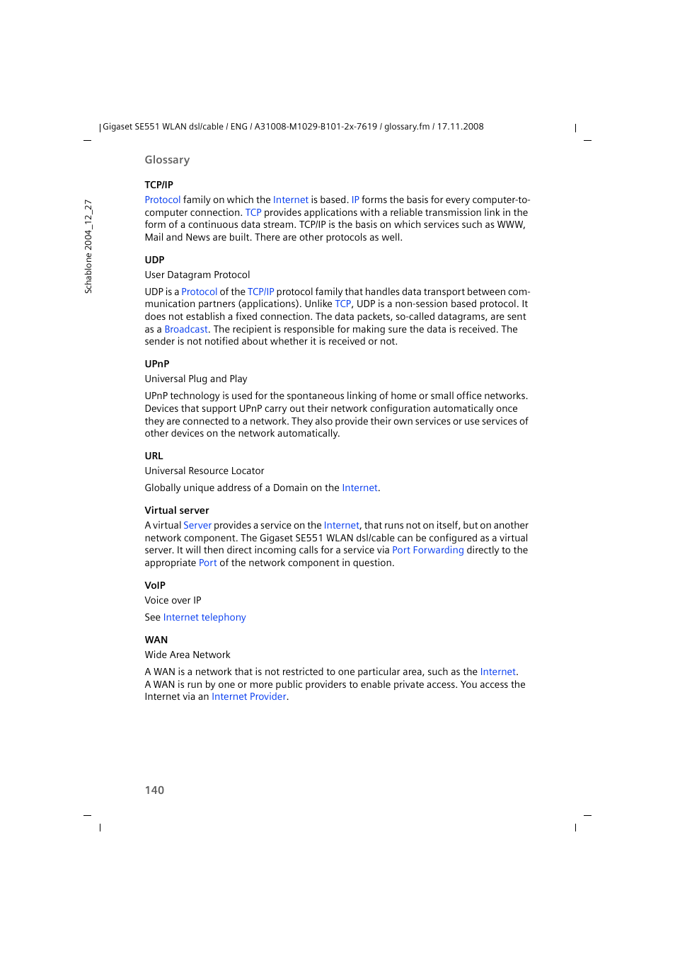 Upnp, Connec, Tcp/ip | Virtual server, Wans, Voip, It describ | Siemens Simens Gigaset WLAN dsl/cable SE551 User Manual | Page 140 / 148