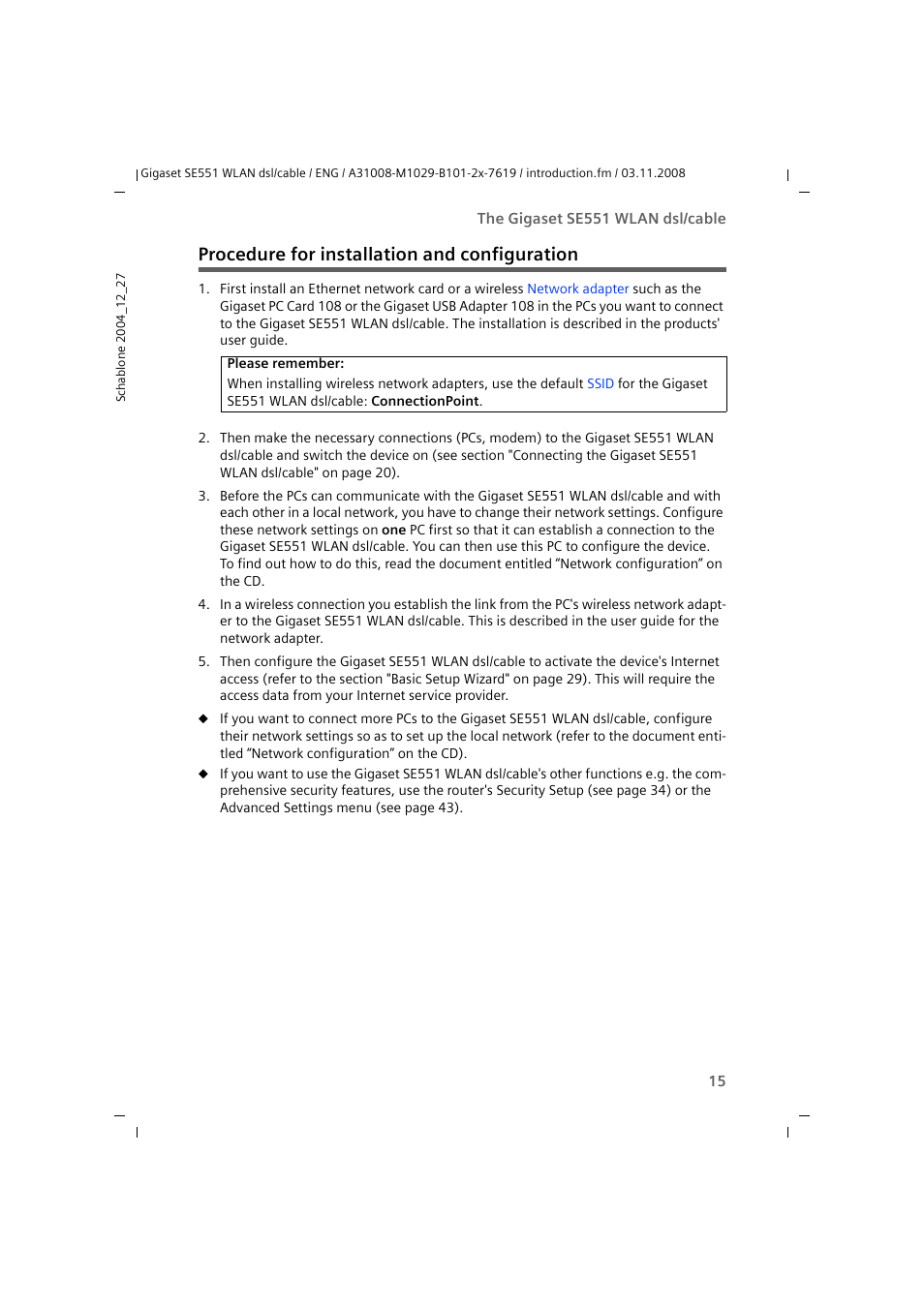 Procedure for installation and configuration | Siemens Simens Gigaset WLAN dsl/cable SE551 User Manual | Page 15 / 148