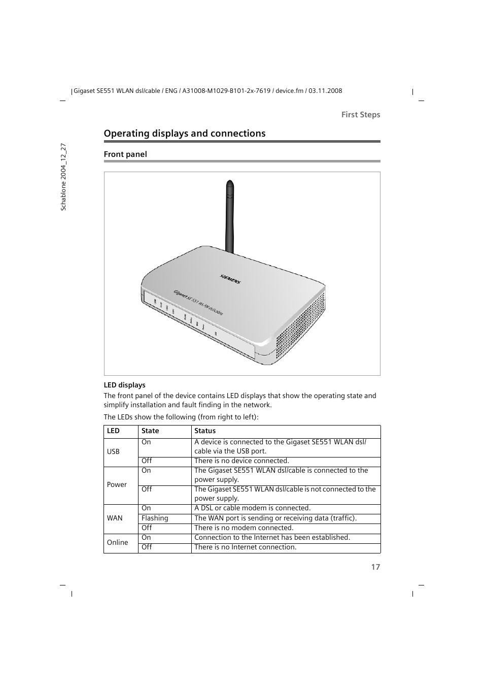 Operating displays and connections, Front panel | Siemens Simens Gigaset WLAN dsl/cable SE551 User Manual | Page 17 / 148