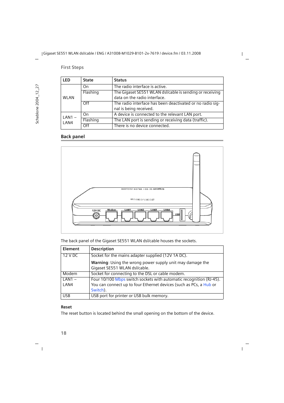 Back panel | Siemens Simens Gigaset WLAN dsl/cable SE551 User Manual | Page 18 / 148