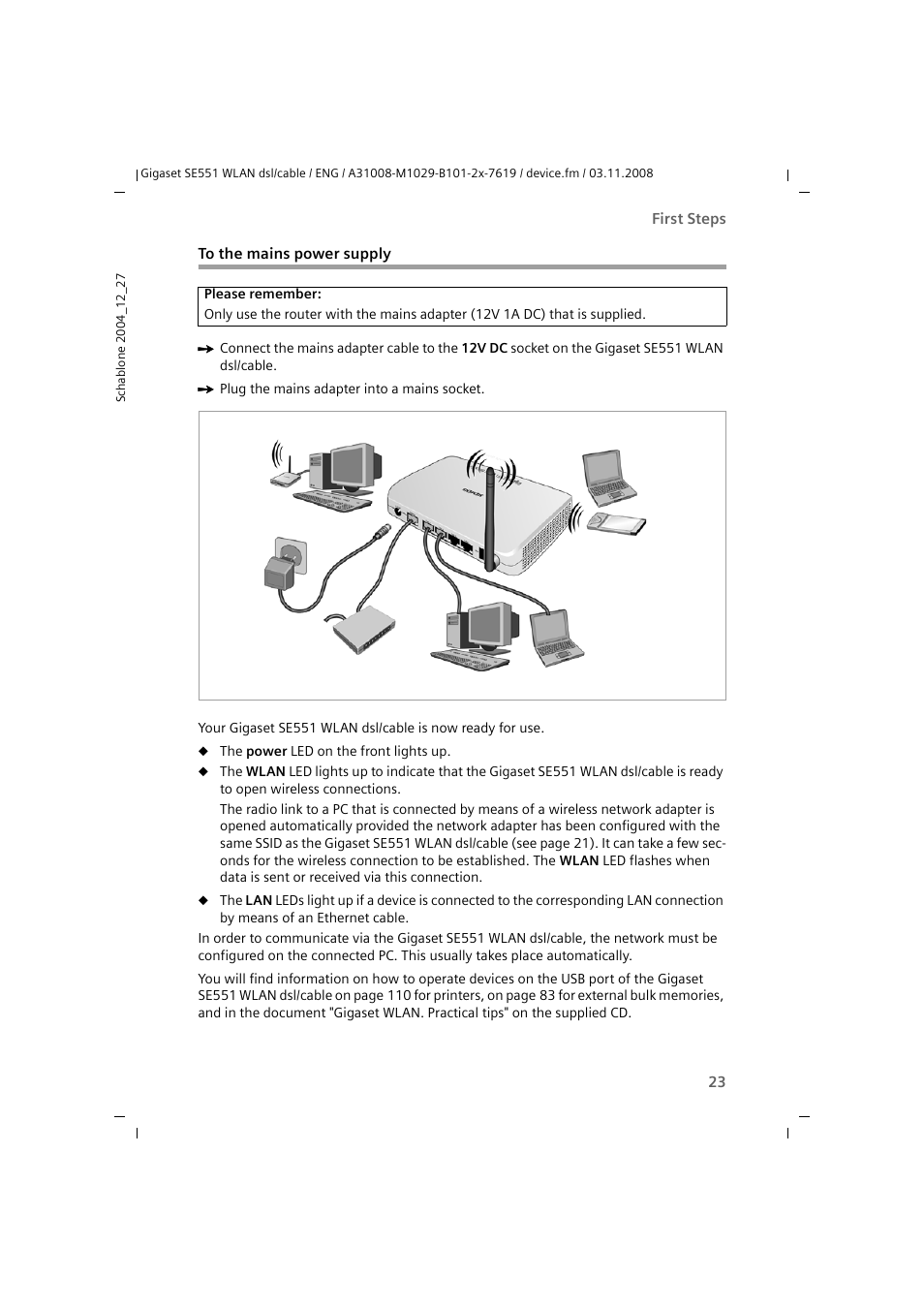 To the mains power supply | Siemens Simens Gigaset WLAN dsl/cable SE551 User Manual | Page 23 / 148