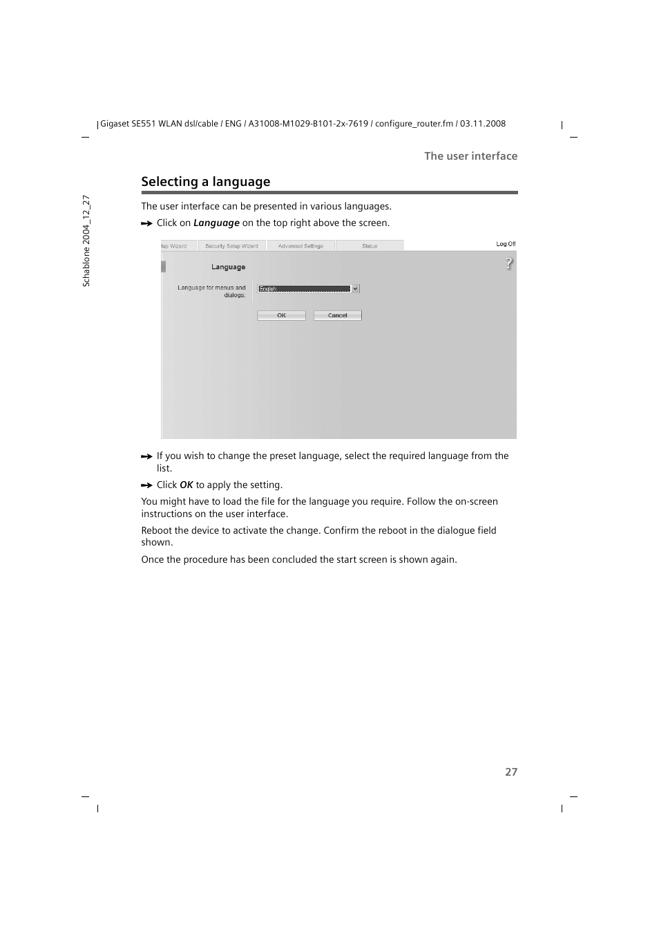 Selecting a language | Siemens Simens Gigaset WLAN dsl/cable SE551 User Manual | Page 27 / 148