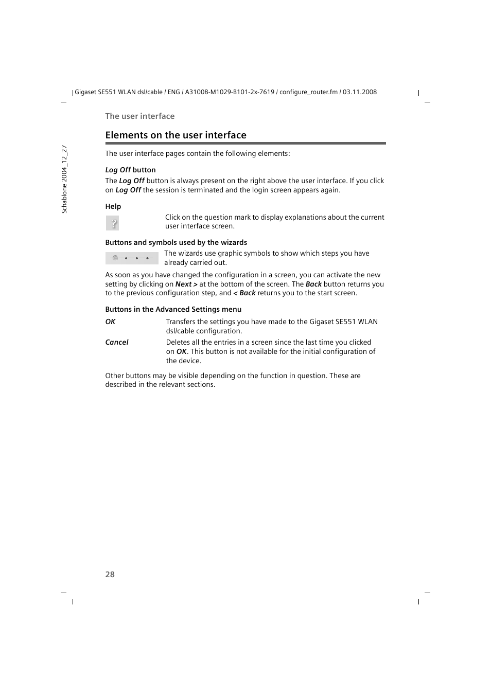 Elements on the user interface | Siemens Simens Gigaset WLAN dsl/cable SE551 User Manual | Page 28 / 148