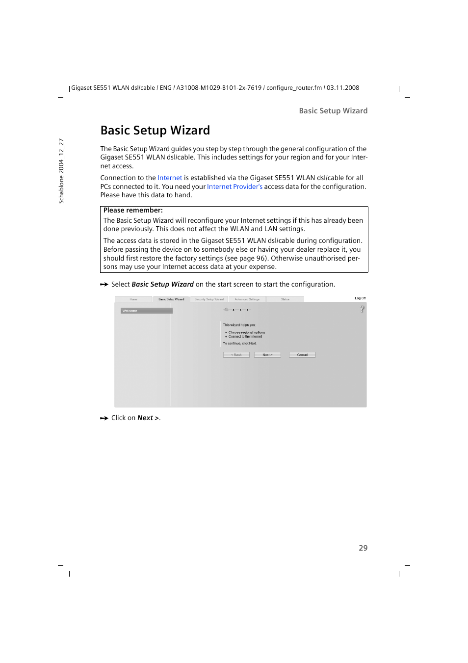 Basic setup wizard | Siemens Simens Gigaset WLAN dsl/cable SE551 User Manual | Page 29 / 148