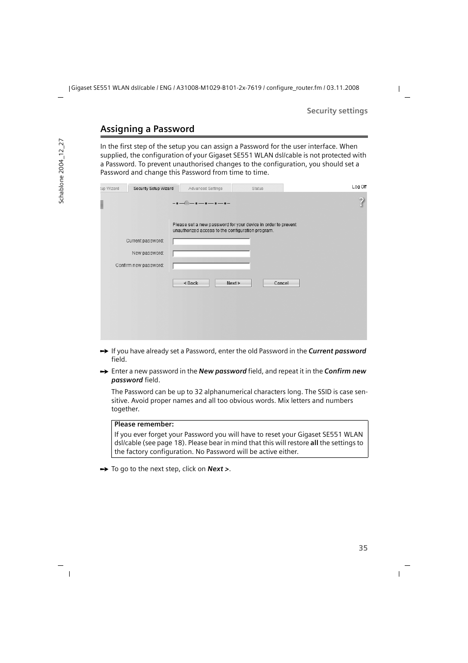 Assigning a password | Siemens Simens Gigaset WLAN dsl/cable SE551 User Manual | Page 35 / 148