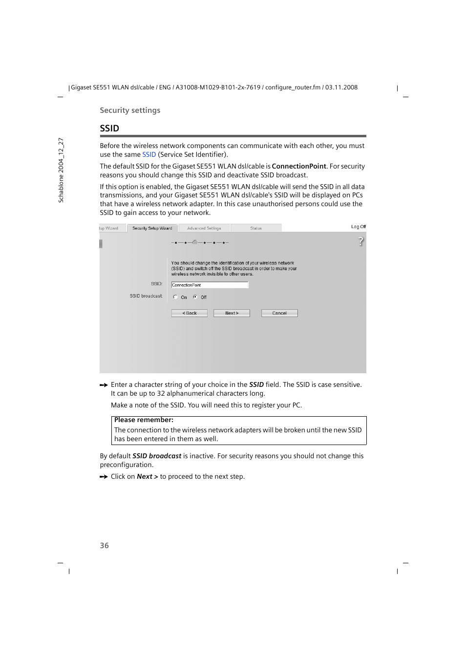 Ssid | Siemens Simens Gigaset WLAN dsl/cable SE551 User Manual | Page 36 / 148