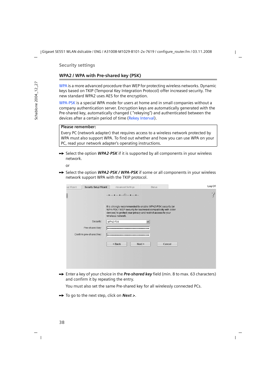 Wpa2 / wpa with pre-shared key (psk) | Siemens Simens Gigaset WLAN dsl/cable SE551 User Manual | Page 38 / 148