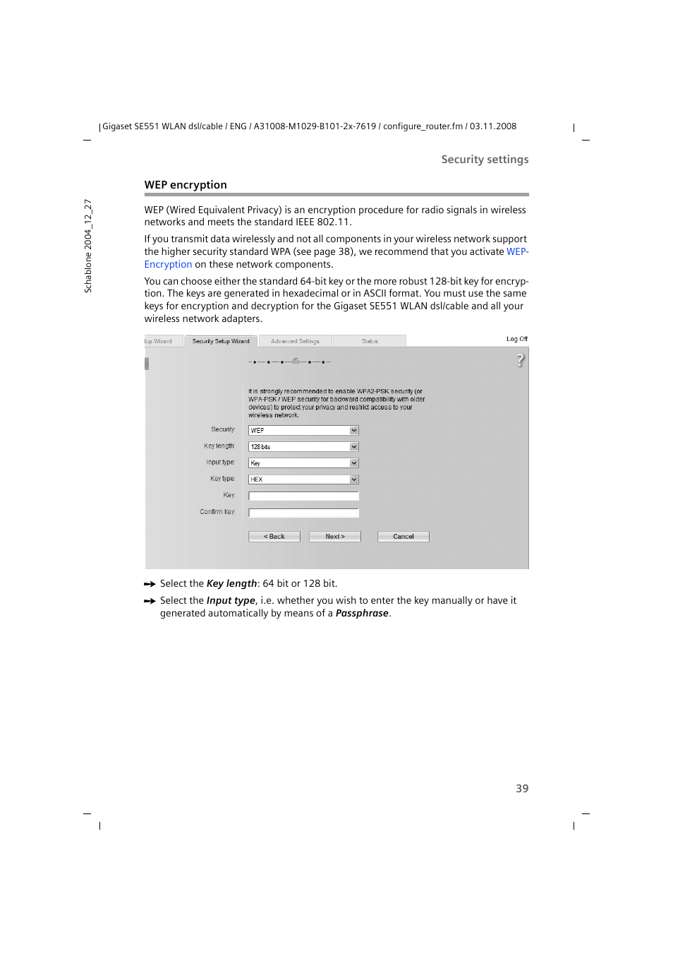 Wep encryption | Siemens Simens Gigaset WLAN dsl/cable SE551 User Manual | Page 39 / 148