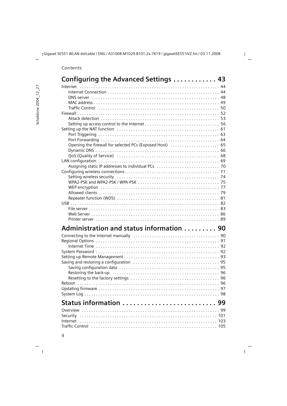 Configuring the advanced settings, Administration and status information, Status information | Siemens Simens Gigaset WLAN dsl/cable SE551 User Manual | Page 4 / 148