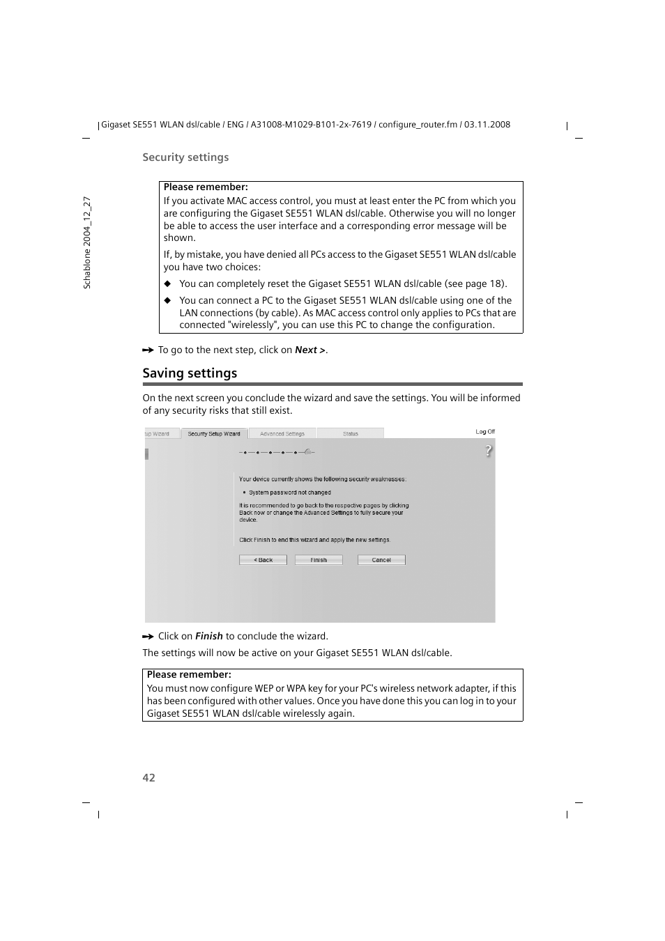 Saving settings | Siemens Simens Gigaset WLAN dsl/cable SE551 User Manual | Page 42 / 148