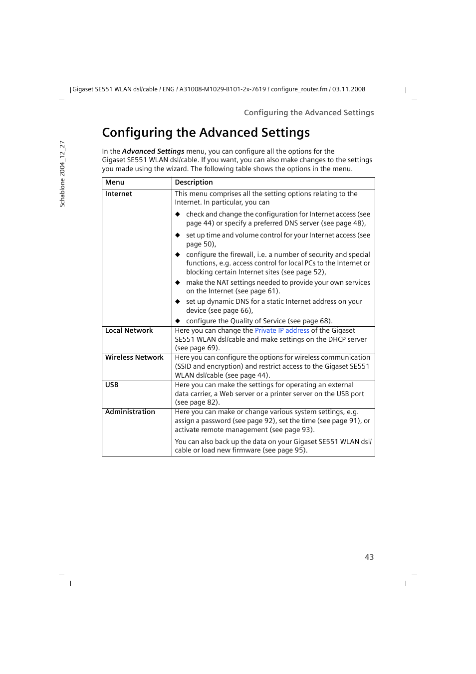 Configuring the advanced settings | Siemens Simens Gigaset WLAN dsl/cable SE551 User Manual | Page 43 / 148