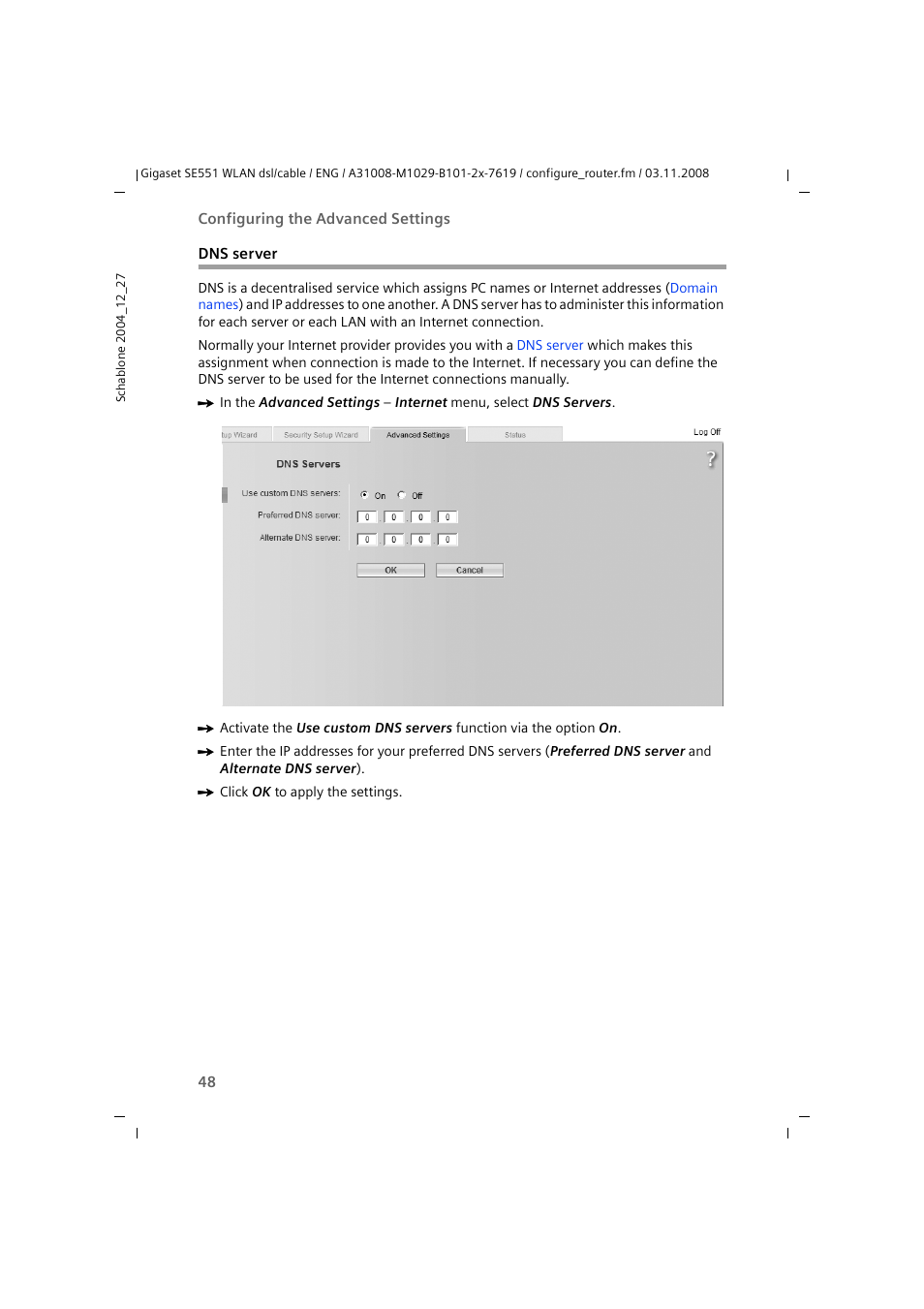 Dns server | Siemens Simens Gigaset WLAN dsl/cable SE551 User Manual | Page 48 / 148