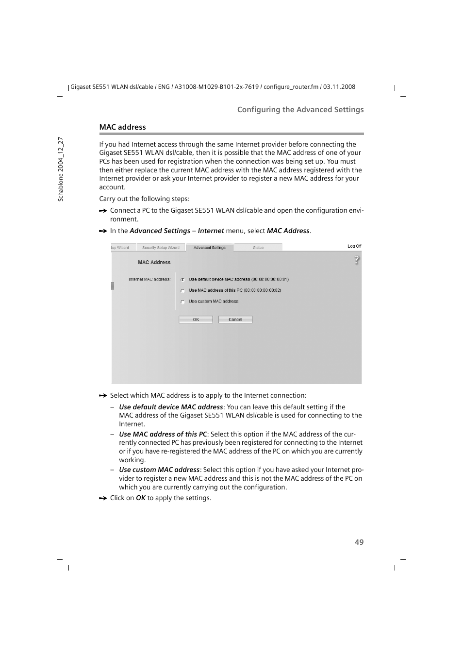 Mac address | Siemens Simens Gigaset WLAN dsl/cable SE551 User Manual | Page 49 / 148