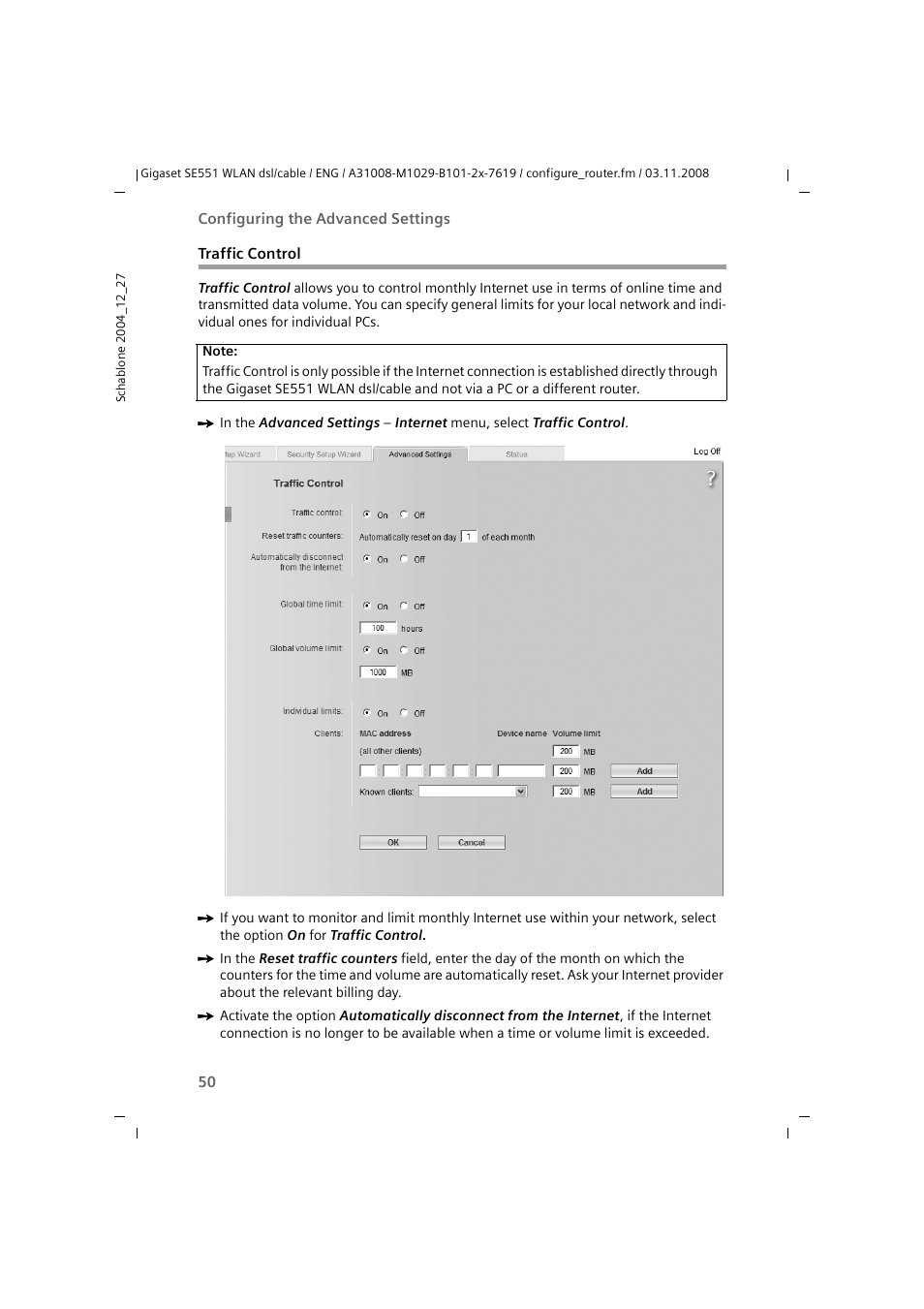 Traffic control | Siemens Simens Gigaset WLAN dsl/cable SE551 User Manual | Page 50 / 148