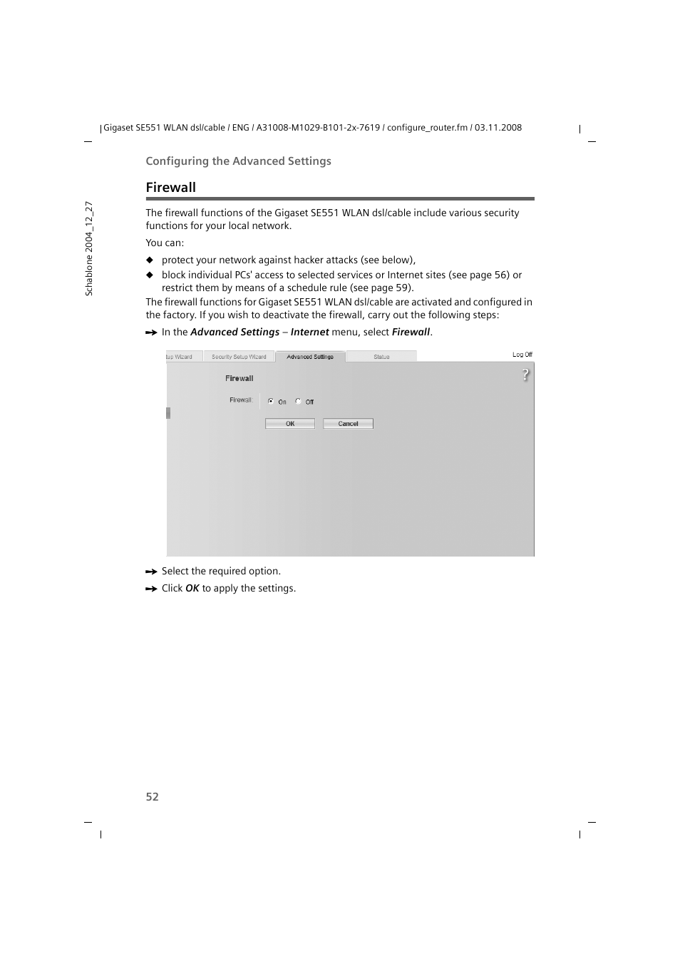 Firewall | Siemens Simens Gigaset WLAN dsl/cable SE551 User Manual | Page 52 / 148