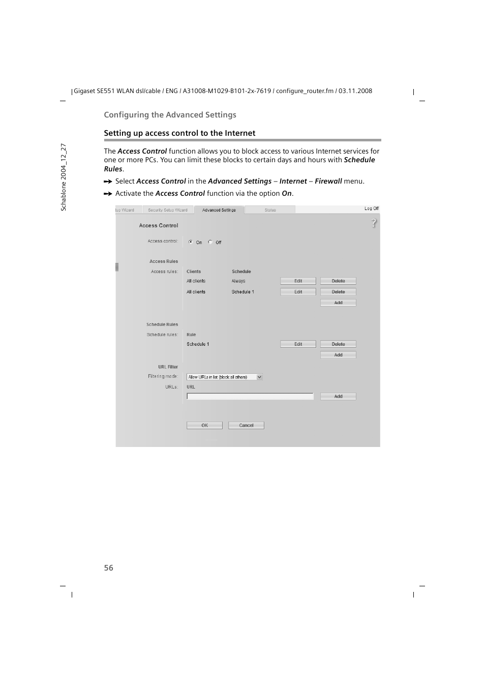 Setting up access control to the internet | Siemens Simens Gigaset WLAN dsl/cable SE551 User Manual | Page 56 / 148