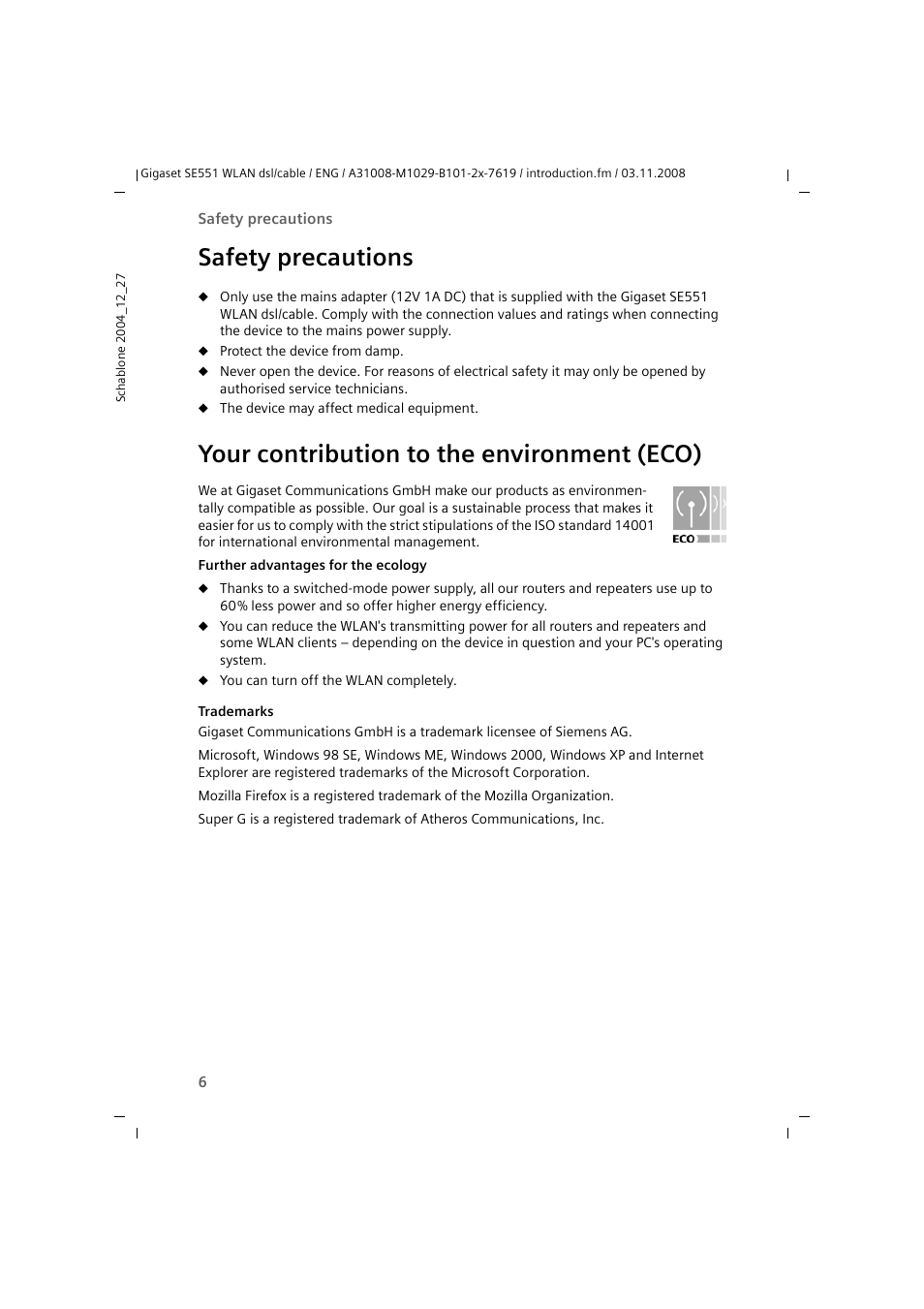 Safety precautions, Your contribution to the environment (eco) | Siemens Simens Gigaset WLAN dsl/cable SE551 User Manual | Page 6 / 148