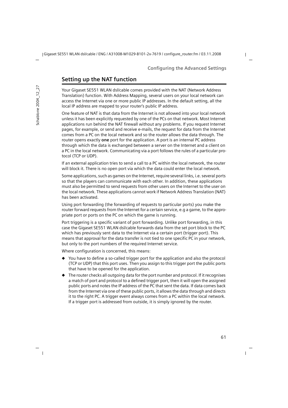 Setting up the nat function | Siemens Simens Gigaset WLAN dsl/cable SE551 User Manual | Page 61 / 148