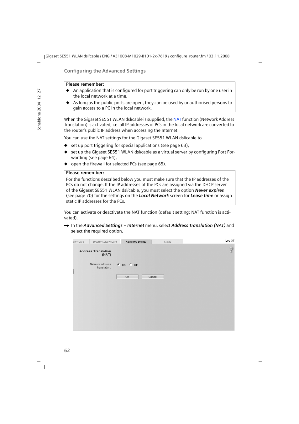 Siemens Simens Gigaset WLAN dsl/cable SE551 User Manual | Page 62 / 148