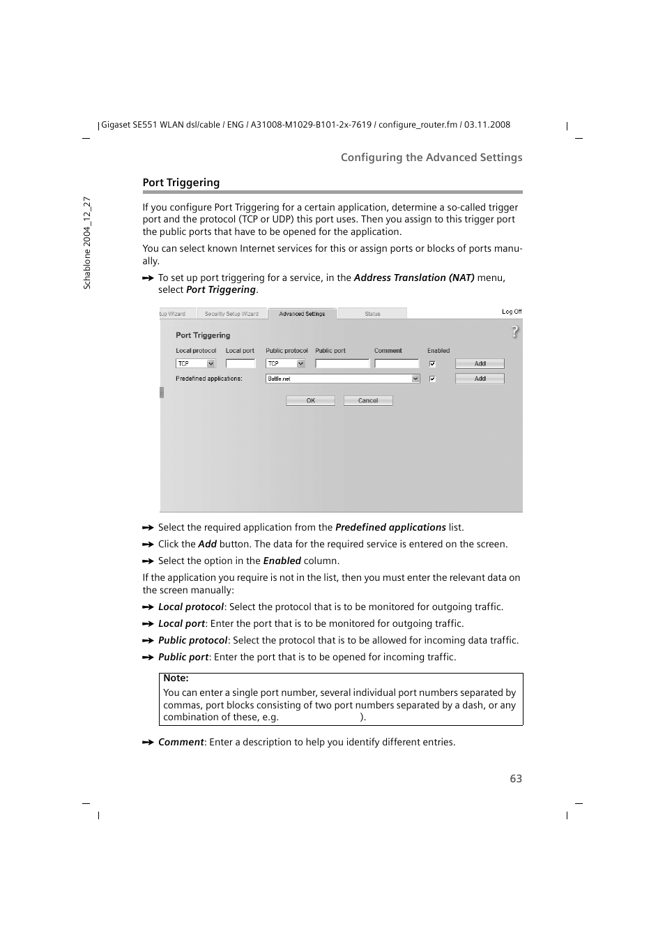 Port triggering | Siemens Simens Gigaset WLAN dsl/cable SE551 User Manual | Page 63 / 148