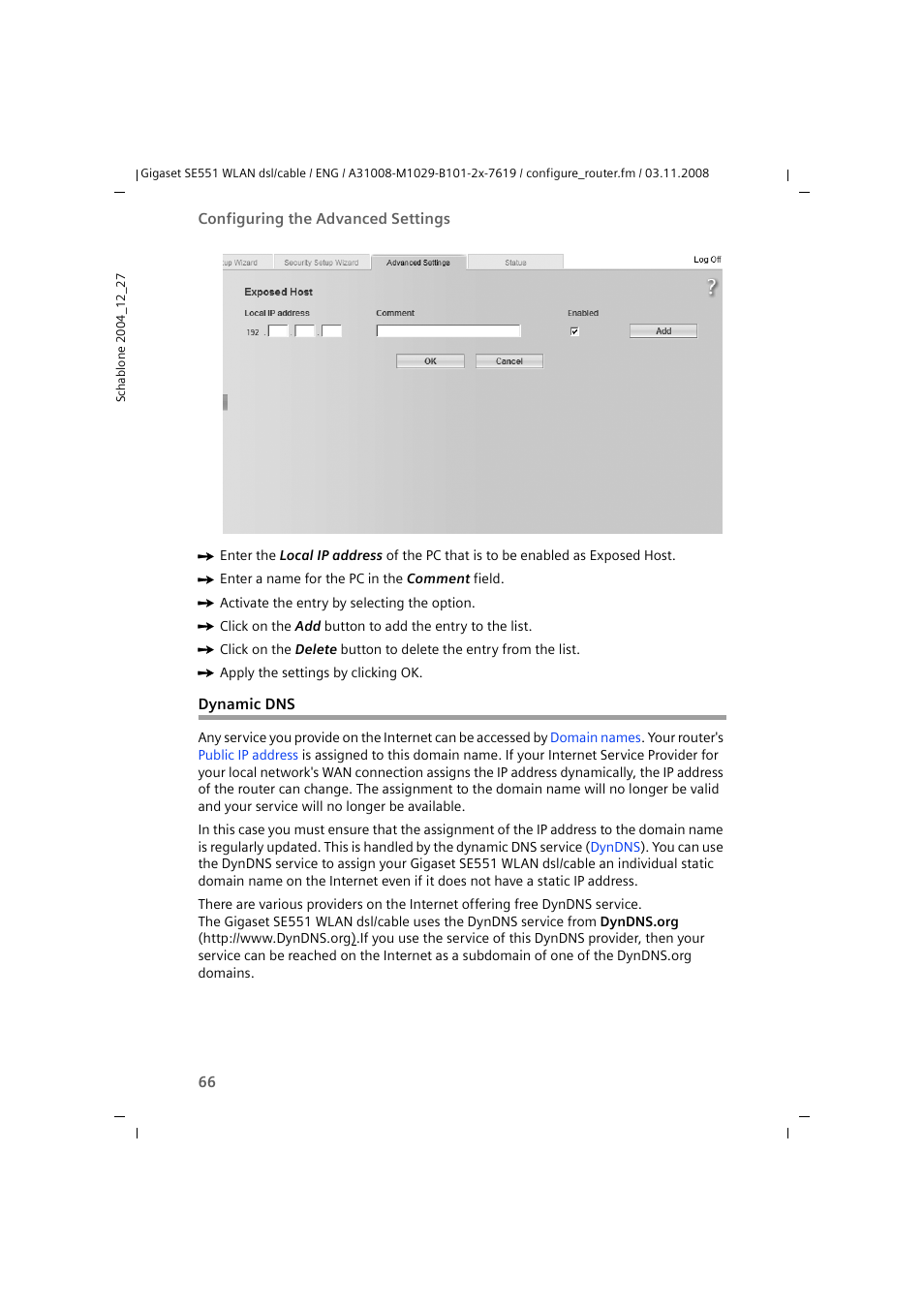 Dynamic dns | Siemens Simens Gigaset WLAN dsl/cable SE551 User Manual | Page 66 / 148