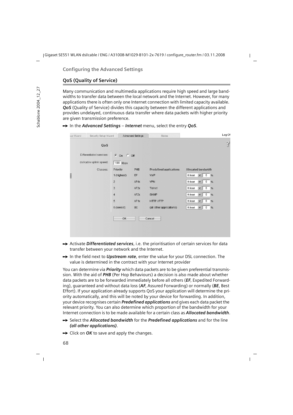 Qos (quality of service) | Siemens Simens Gigaset WLAN dsl/cable SE551 User Manual | Page 68 / 148