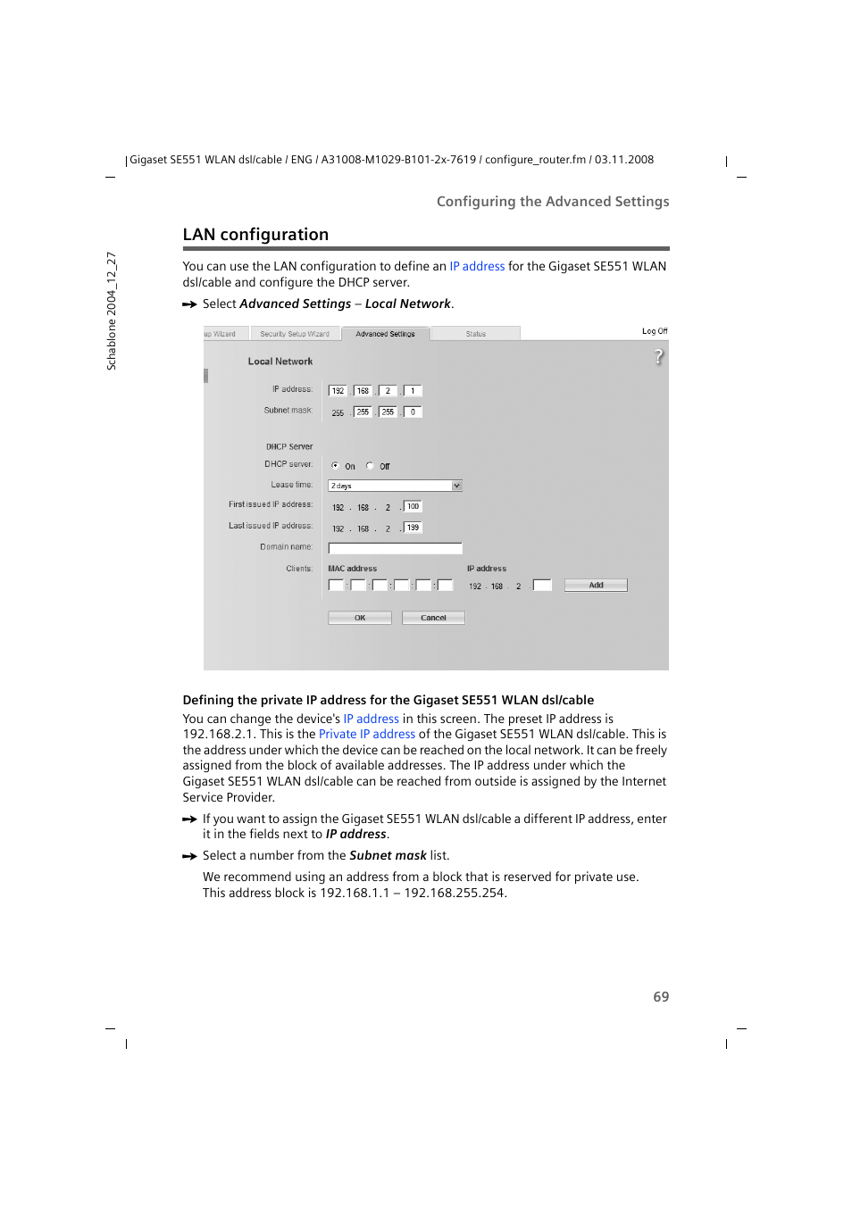 Lan configuration | Siemens Simens Gigaset WLAN dsl/cable SE551 User Manual | Page 69 / 148