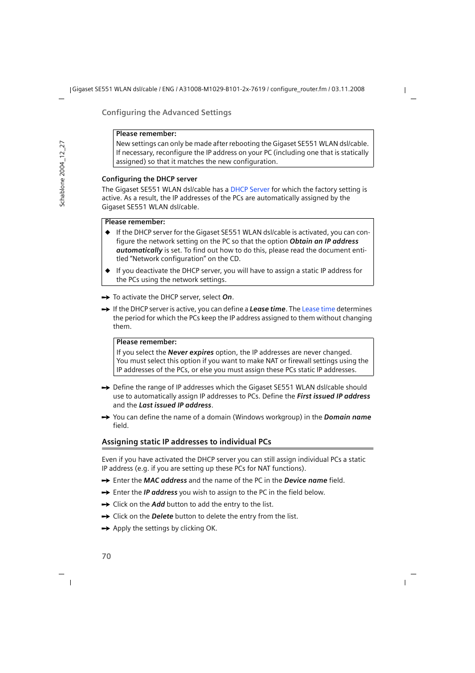 Assigning static ip addresses to individual pcs | Siemens Simens Gigaset WLAN dsl/cable SE551 User Manual | Page 70 / 148