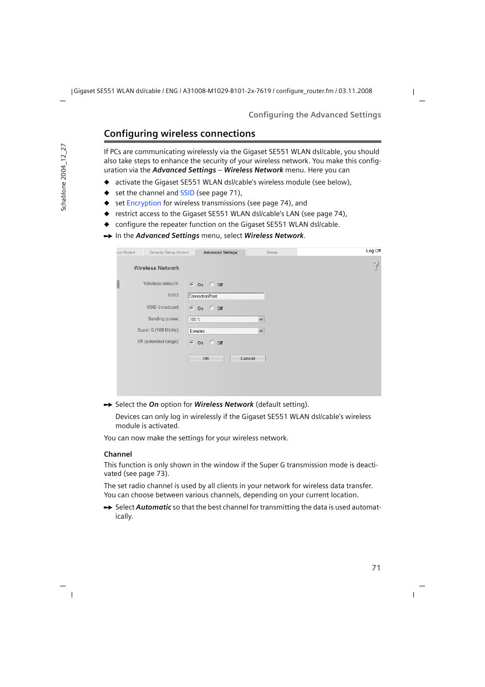 Configuring wireless connections | Siemens Simens Gigaset WLAN dsl/cable SE551 User Manual | Page 71 / 148