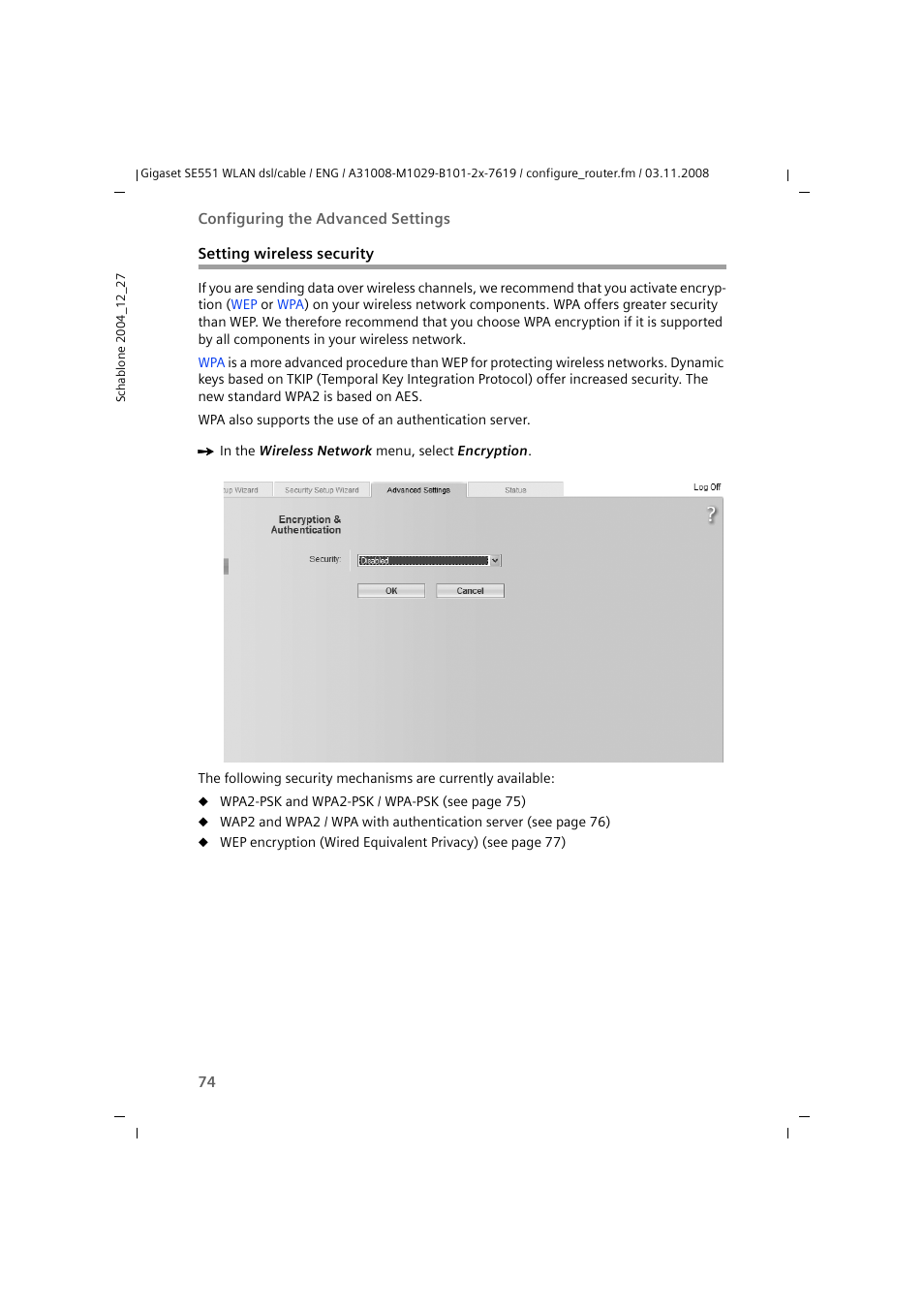 Setting wireless security | Siemens Simens Gigaset WLAN dsl/cable SE551 User Manual | Page 74 / 148