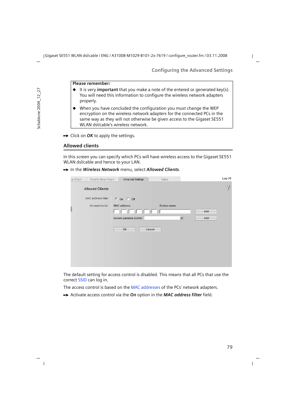 Allowed clients | Siemens Simens Gigaset WLAN dsl/cable SE551 User Manual | Page 79 / 148