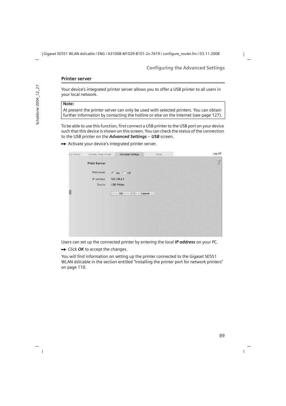 Printer server | Siemens Simens Gigaset WLAN dsl/cable SE551 User Manual | Page 89 / 148