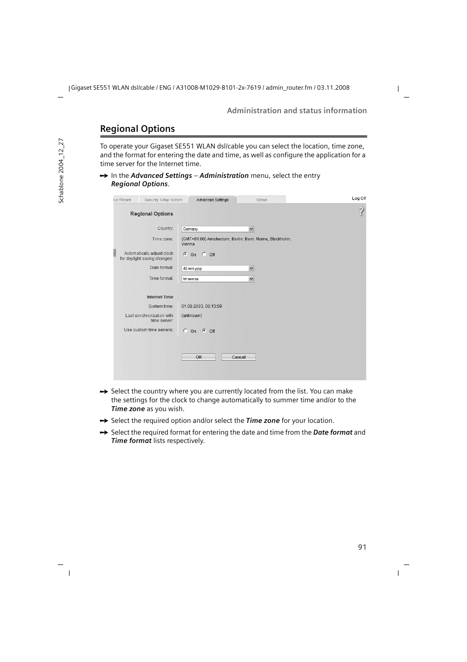 Regional options | Siemens Simens Gigaset WLAN dsl/cable SE551 User Manual | Page 91 / 148