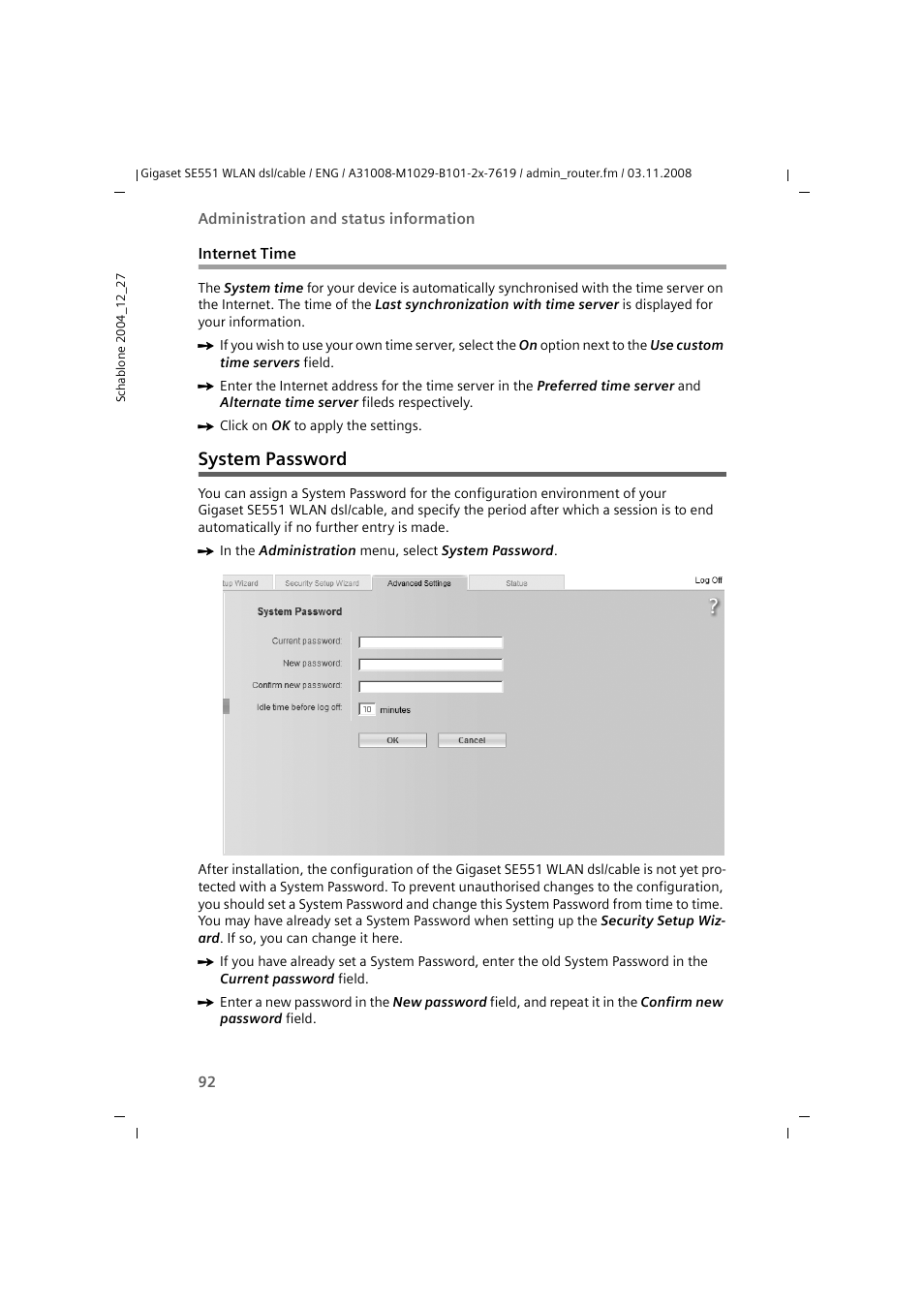 Internet time, System password | Siemens Simens Gigaset WLAN dsl/cable SE551 User Manual | Page 92 / 148